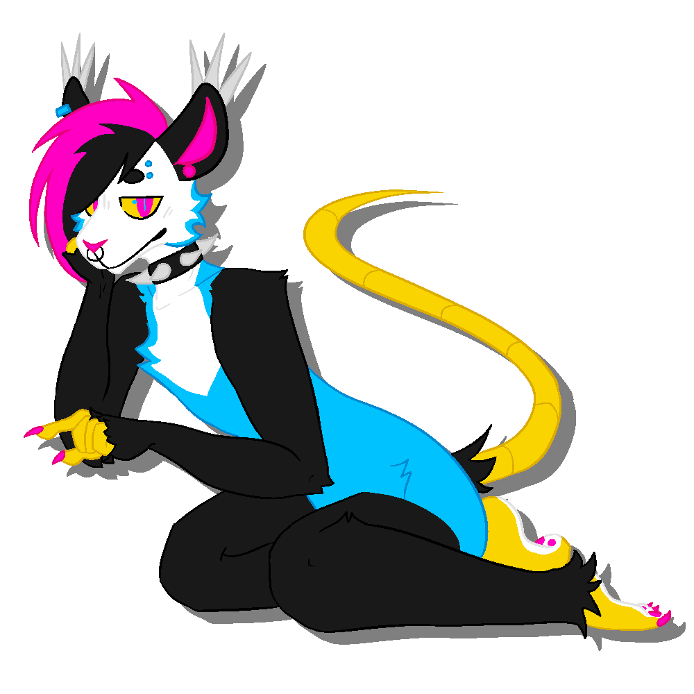 An anthro opossum with a CMYK palette. It sits with its legs to the side and points left.